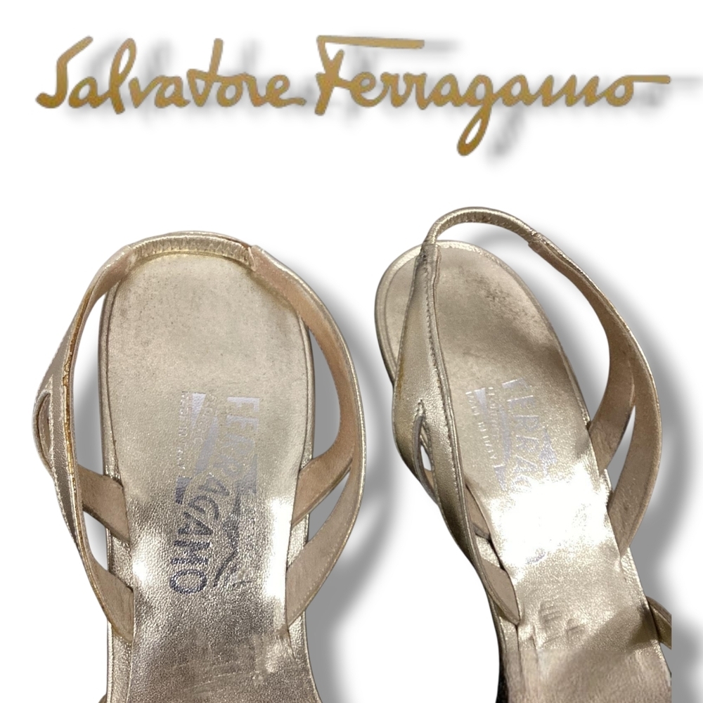 Salvatore FERRAGAMO Gold Kitten Heel Women's Leather Metallic Slingback Sandals - Picture 8 of 11